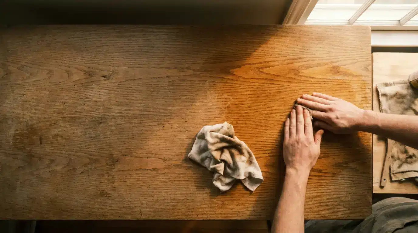 Hands polishing a wooden table with a cloth under warm natural light