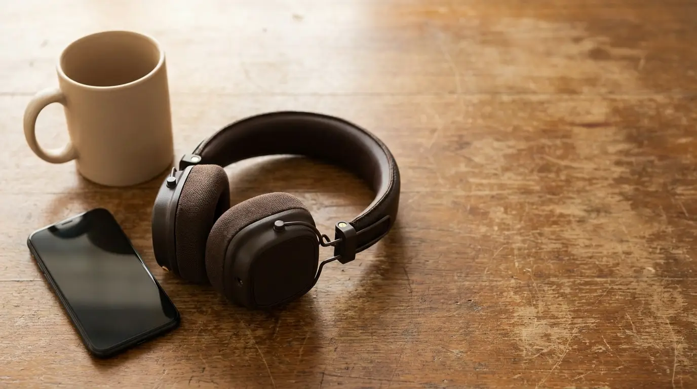 Headphones, smartphone, and coffee mug on rustic wooden table