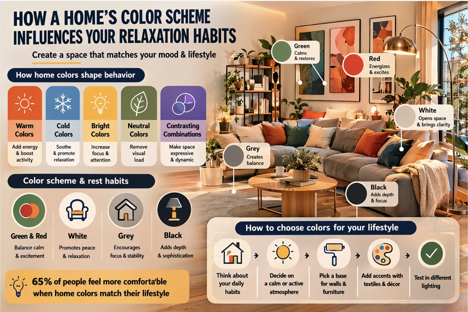 Cozy living room with colorful pillows, plants, and abstract art under warm lighting