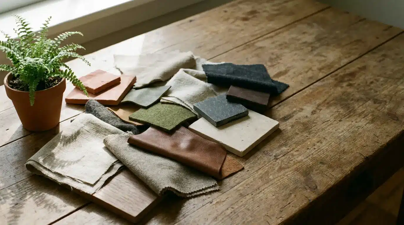 Fabric and material swatches arranged on a rustic wooden table with a potted fern nearby
