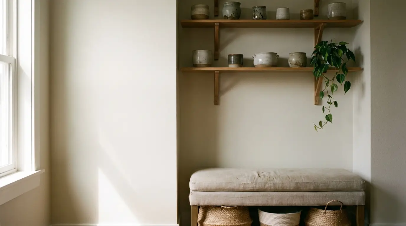 Wooden shelves with ceramic pots and green plant above cushioned bench in bright room