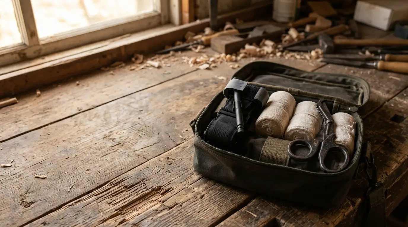 Open first aid kit with bandages and scissors on rustic wooden workbench in a sunlit workshop
