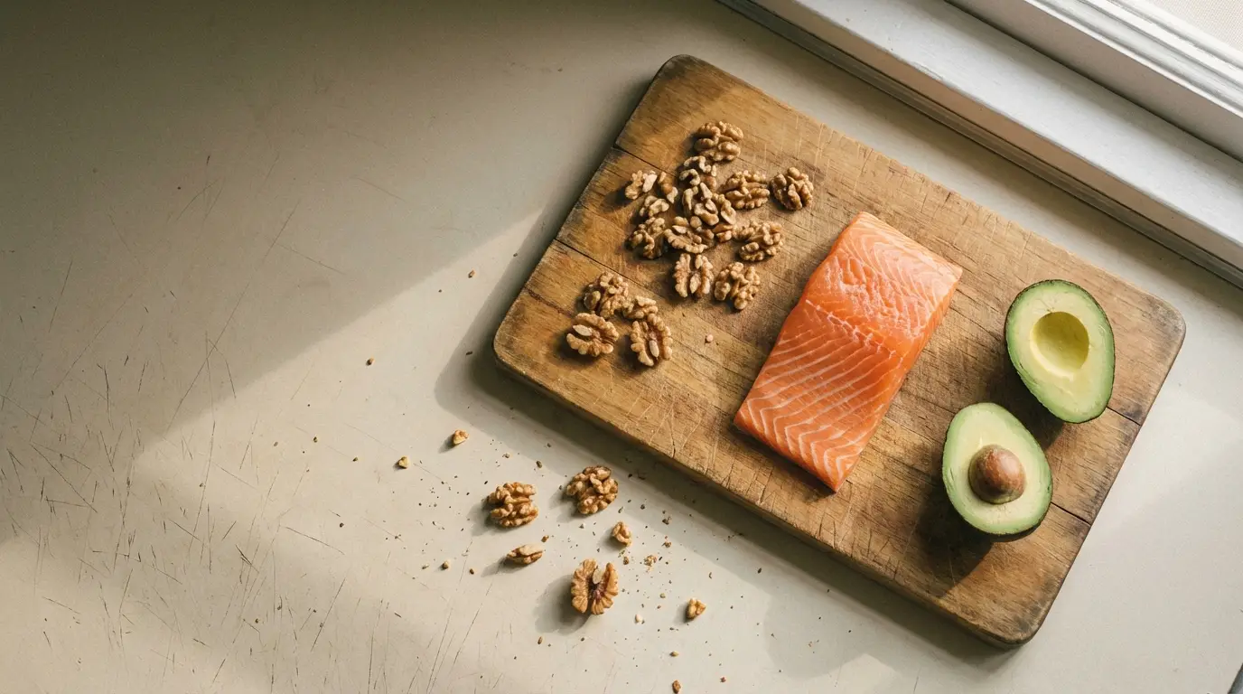 Salmon fillet, walnuts, and halved avocado on wooden cutting board by window