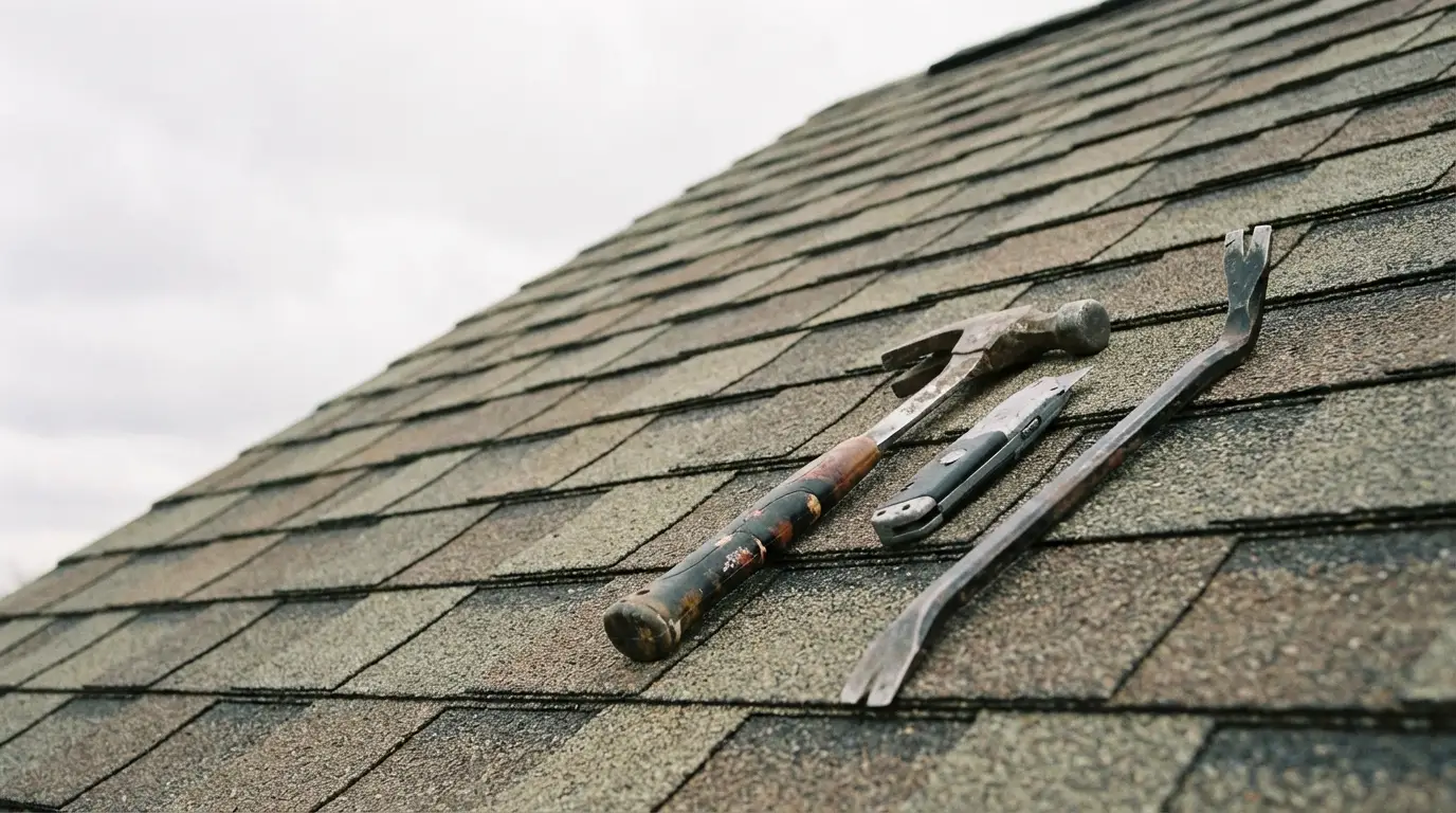 Hammer, utility knife, and pry bar on asphalt shingle rooftop under cloudy sky