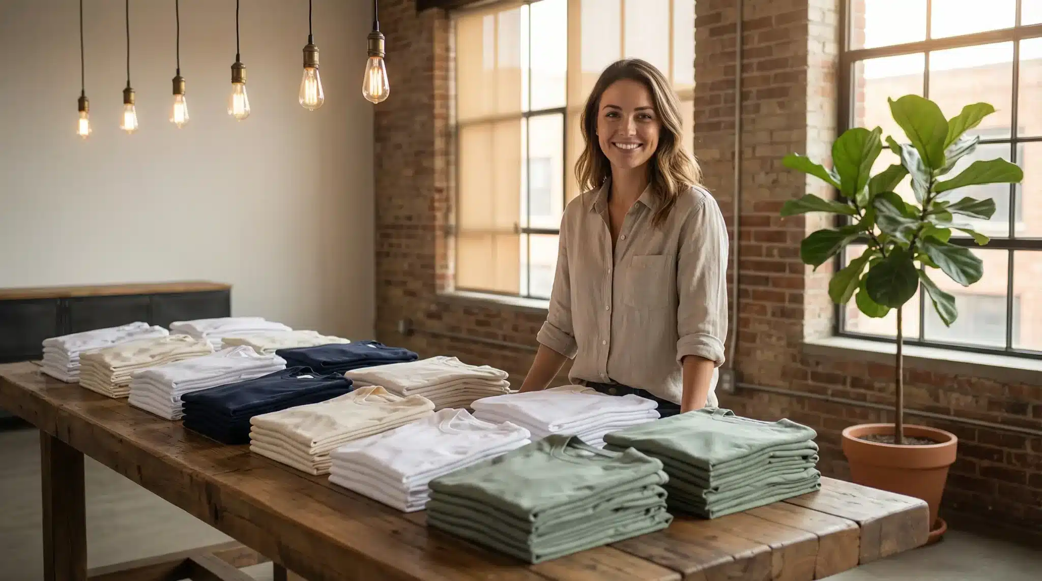 Woman standing behind stacks of folded shirts on wooden table in industrial-style room