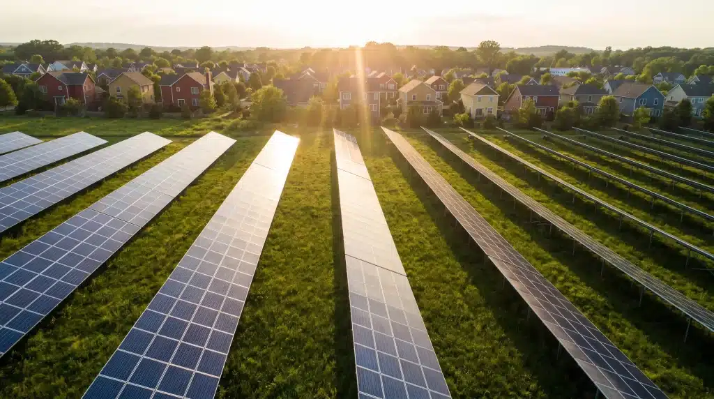 Solar panels in a grassy field with colorful houses in the background under sunlight