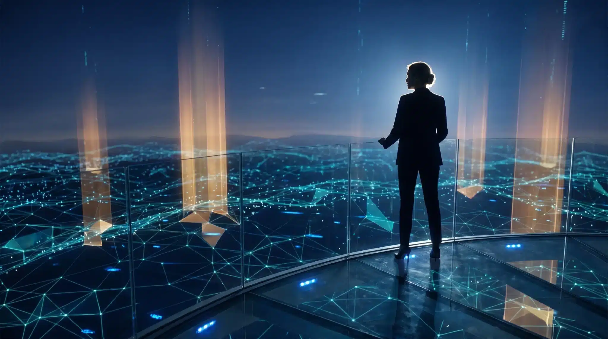 Silhouette of a woman observing digital grid landscape through glass balcony in a futuristic setting