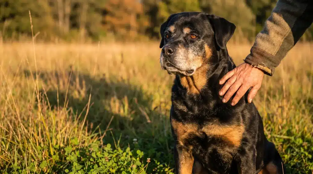 Older black and tan dog sitting in sunlit field with person's hand on its back