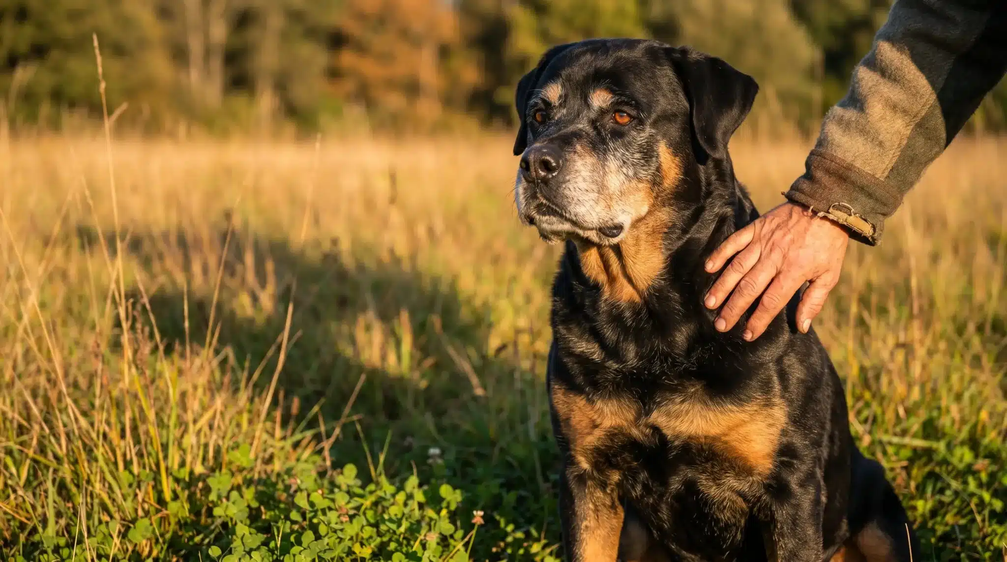 Older black and tan dog sitting in sunlit field with person's hand on its back