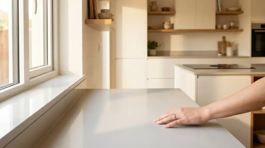 Hand resting on a light gray kitchen countertop with modern white cabinets and open shelves