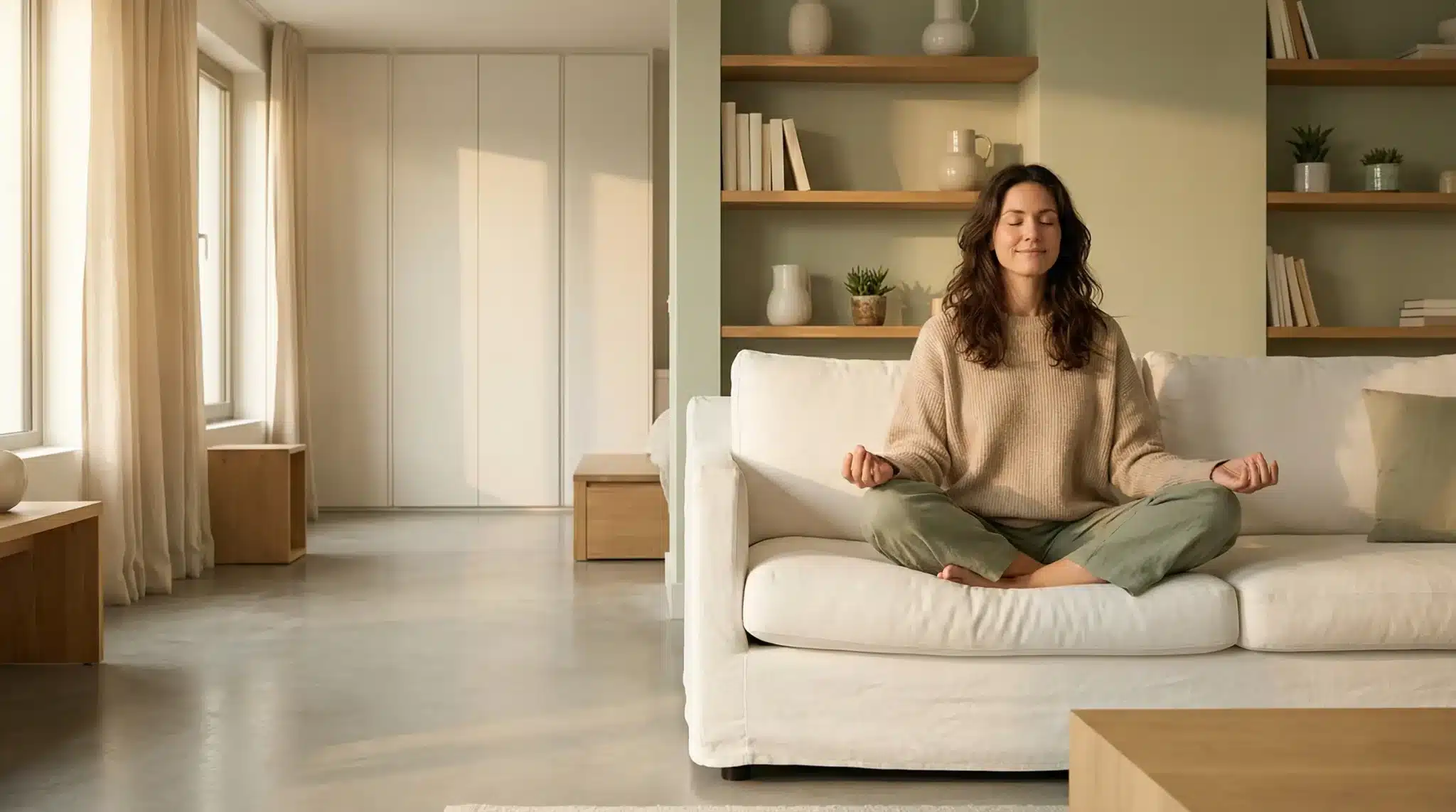 Woman meditating on white sofa in a serene living room with natural light