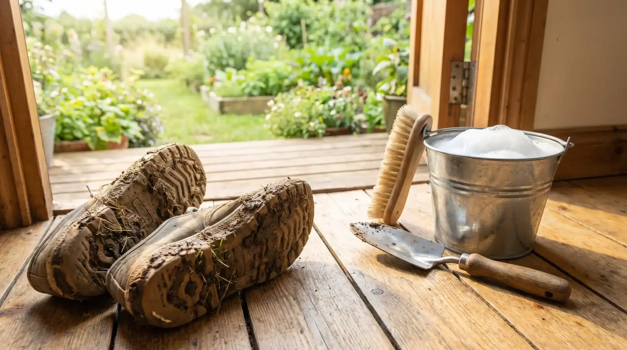 Muddy boots, metal bucket with soap, and brush on wooden deck leading to garden