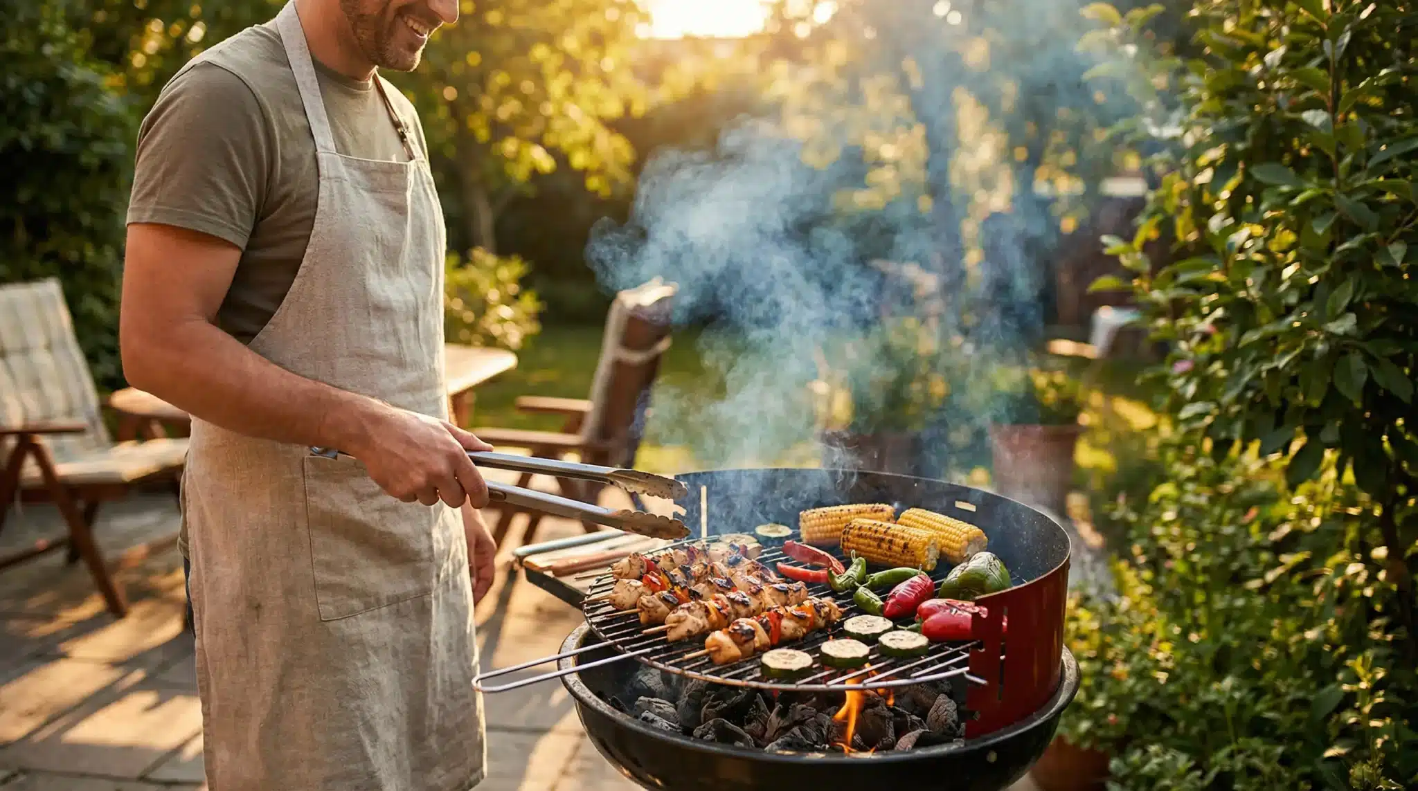 Man grilling skewers and vegetables on barbecue in sunny backyard patio setting
