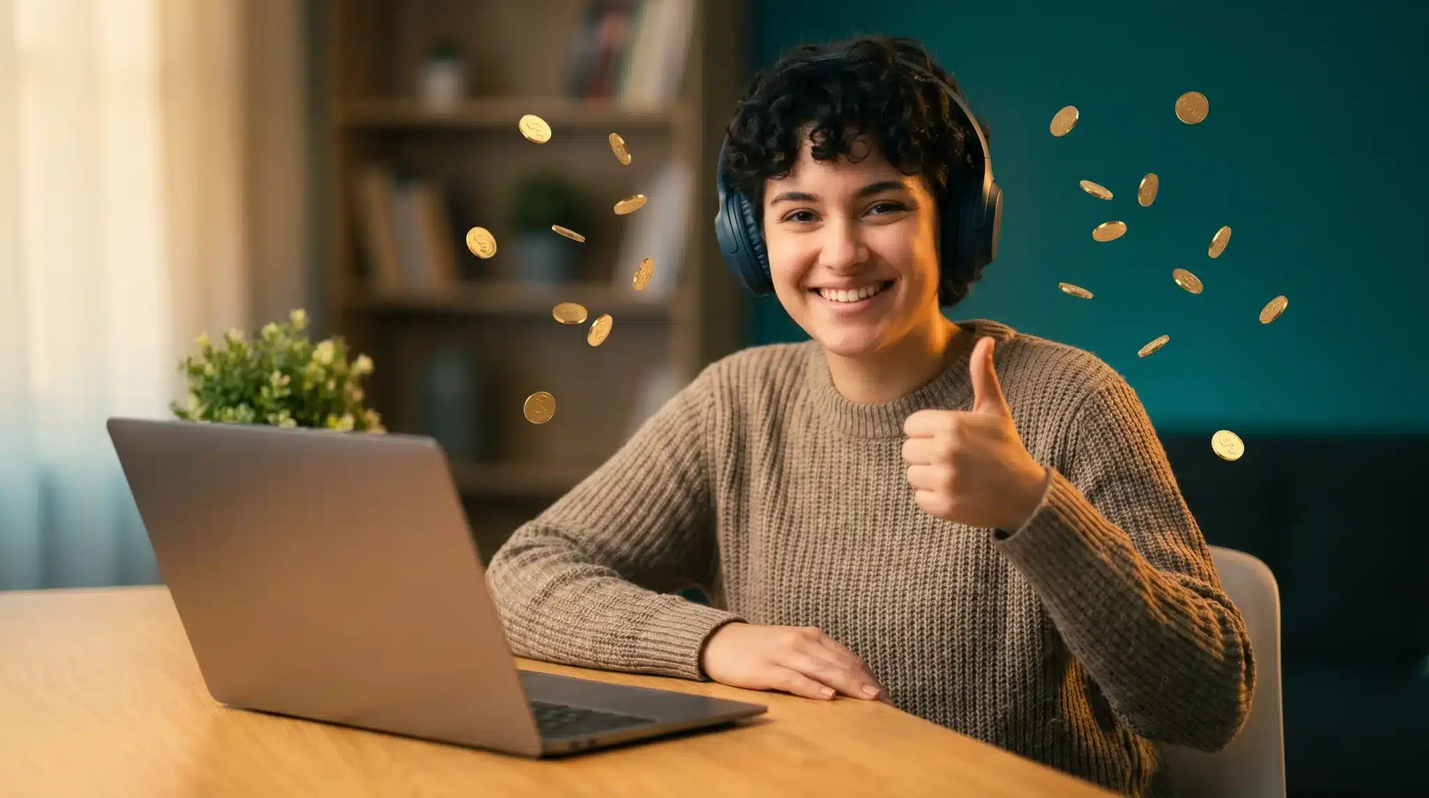 Person wearing headphones giving thumbs up at desk with coins floating around