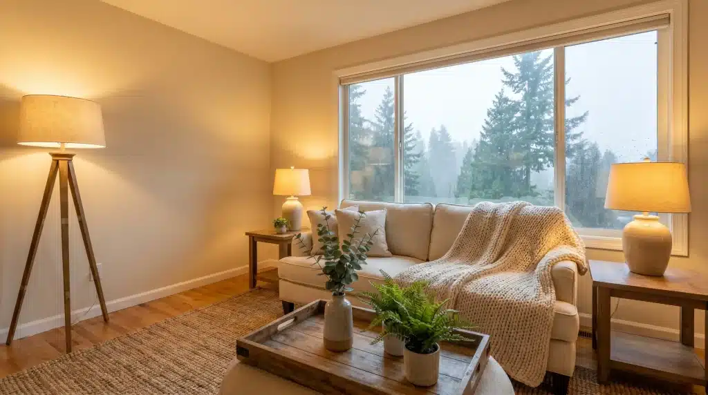 Cozy living room with beige sofa, knitted throw, wooden lamps, and plants by large window