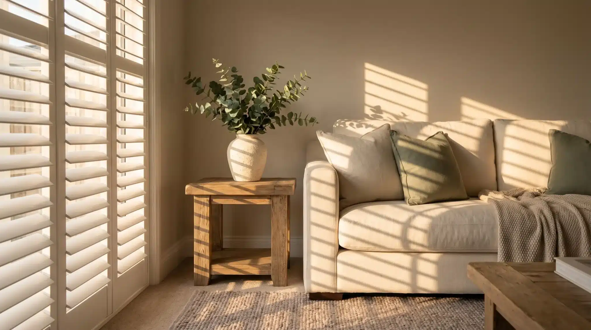 Cream sofa with green cushions and wooden side table in sunlit living room