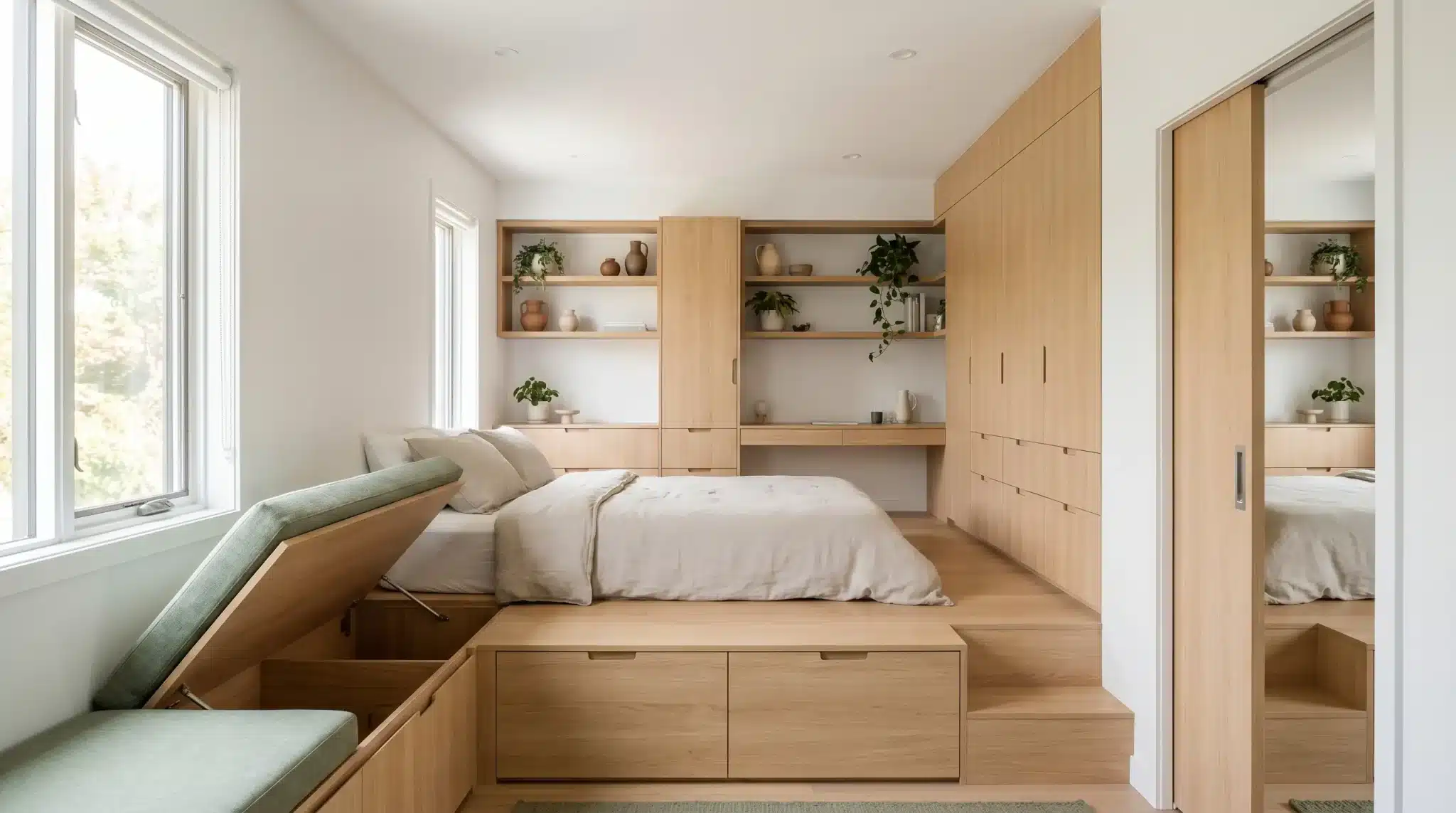 Minimalist bedroom with wooden built-in storage, beige bedding, and greenery on shelves