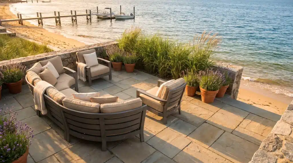 Patio furniture set on stone terrace by the beach with potted lavender plants