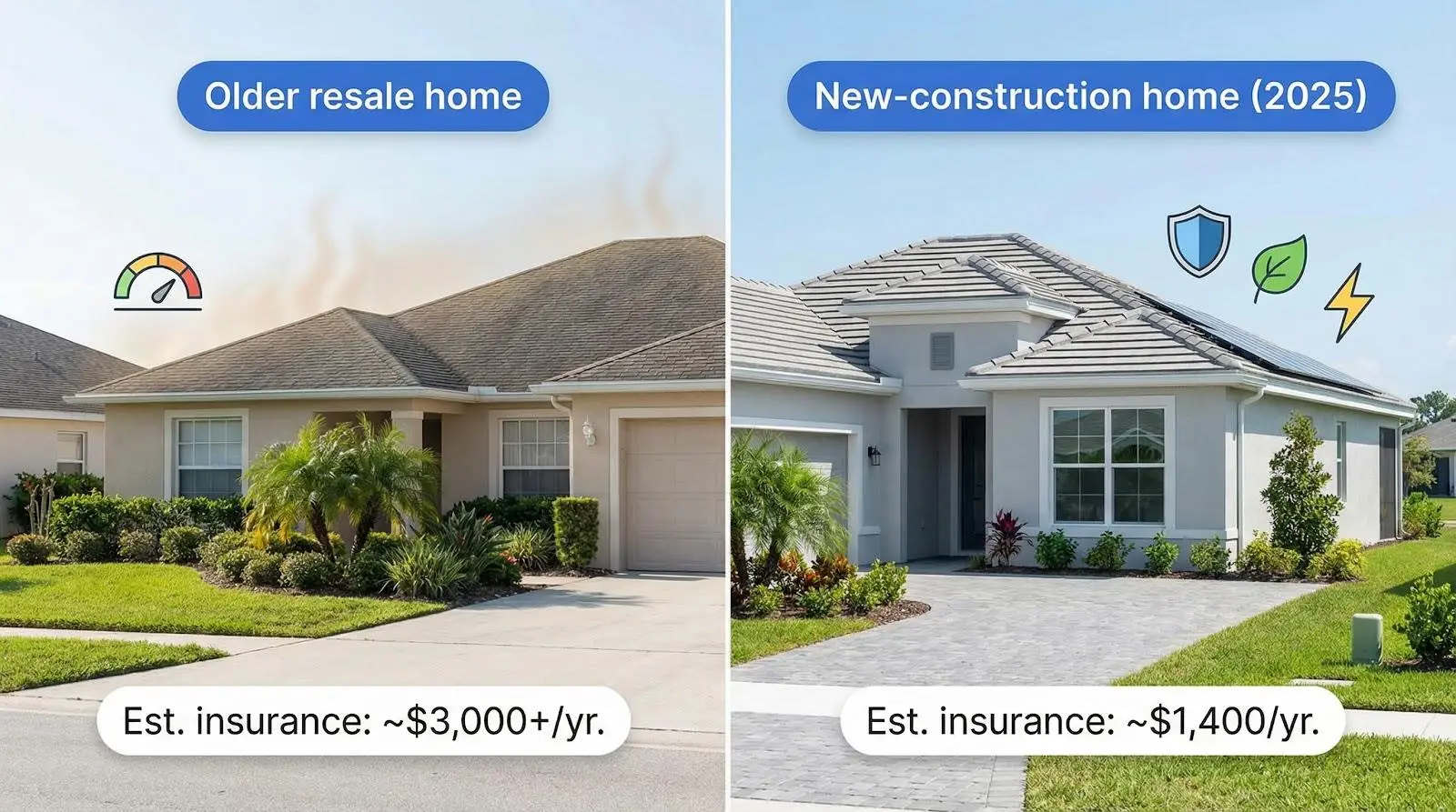 Side-by-side comparison of older and new-construction homes with landscaping and driveway in sunny setting