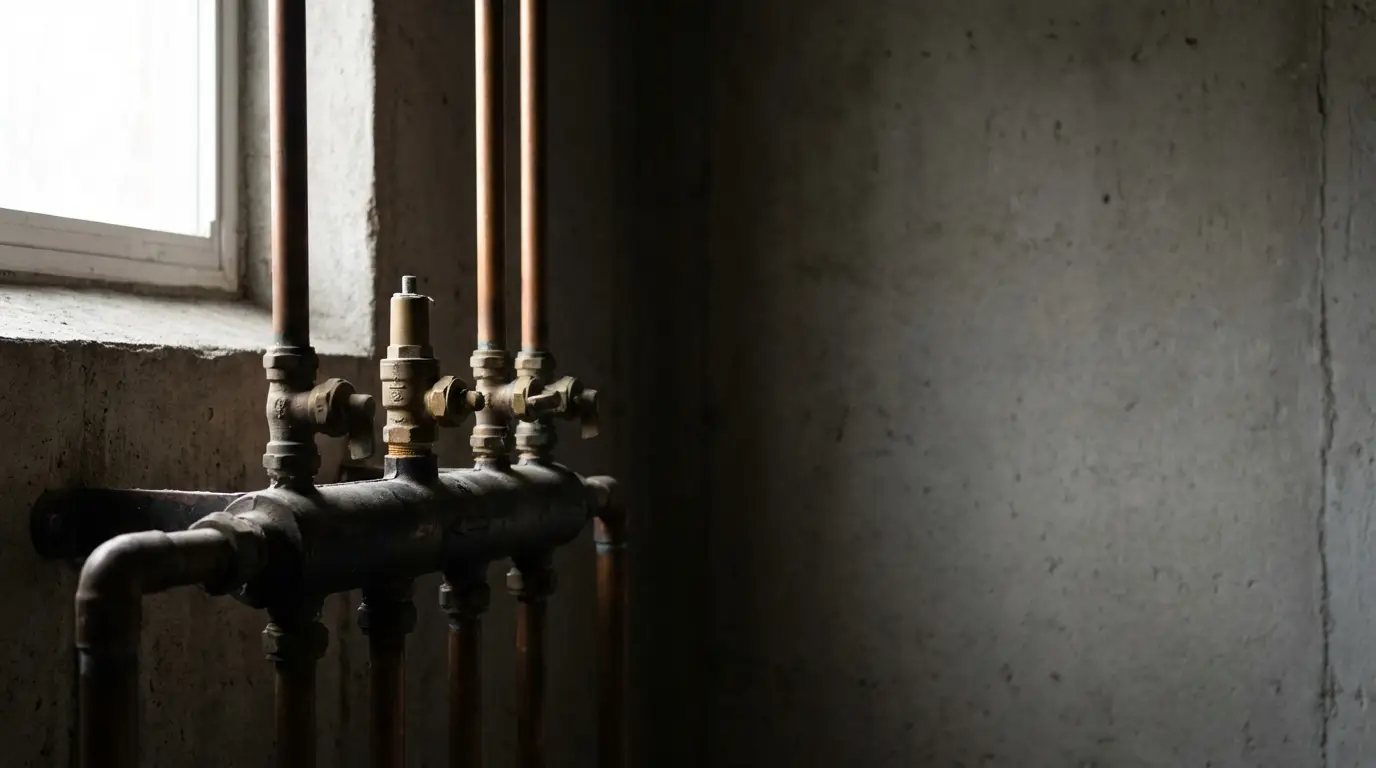 Copper pipes and valves against a concrete wall in dimly lit basement setting