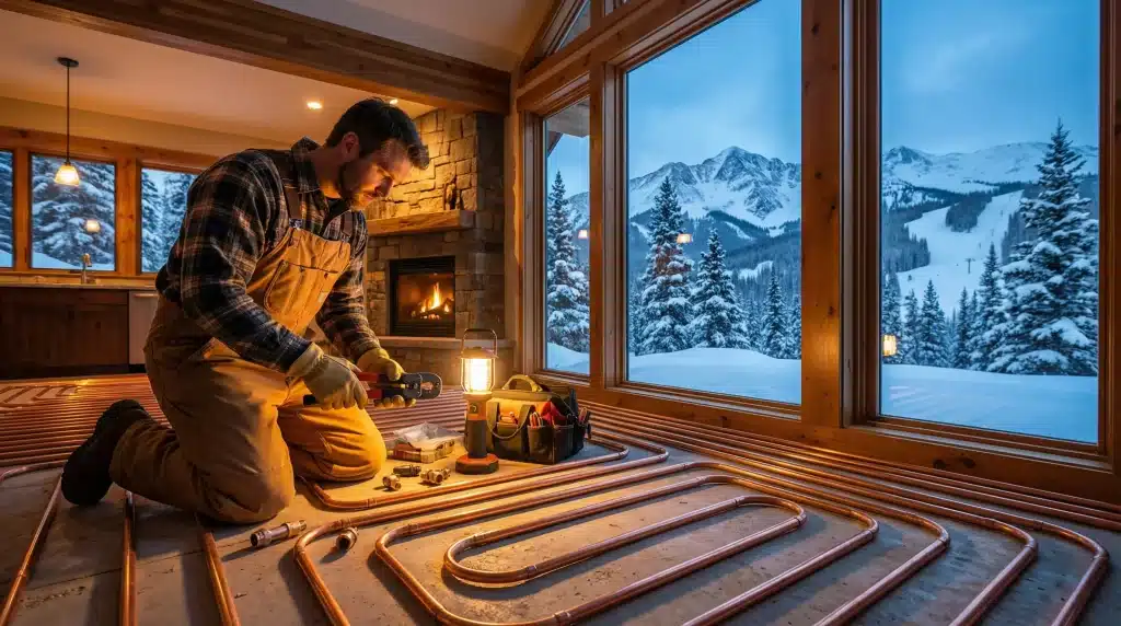Man kneeling by radiant floor heating installation in cozy cabin with snowy mountain view