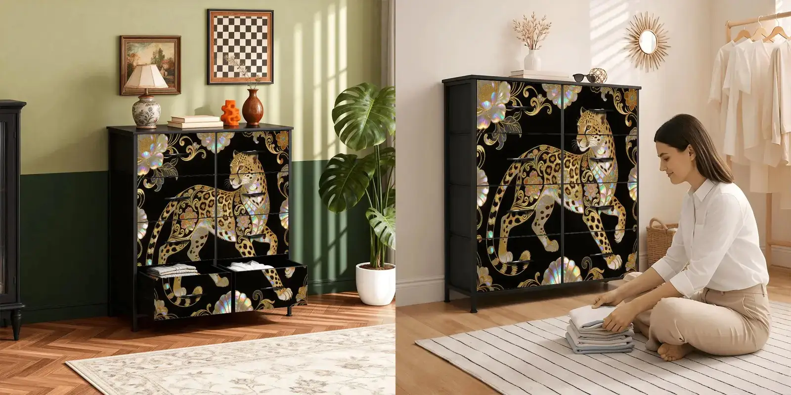 Decorative black dresser with leopard design in room with folded clothes and potted plant