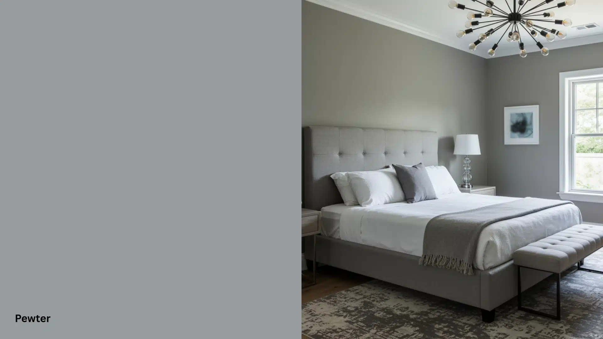 Modern bedroom featuring a gray bed, gray walls in Pewter, a chandelier, and a large window