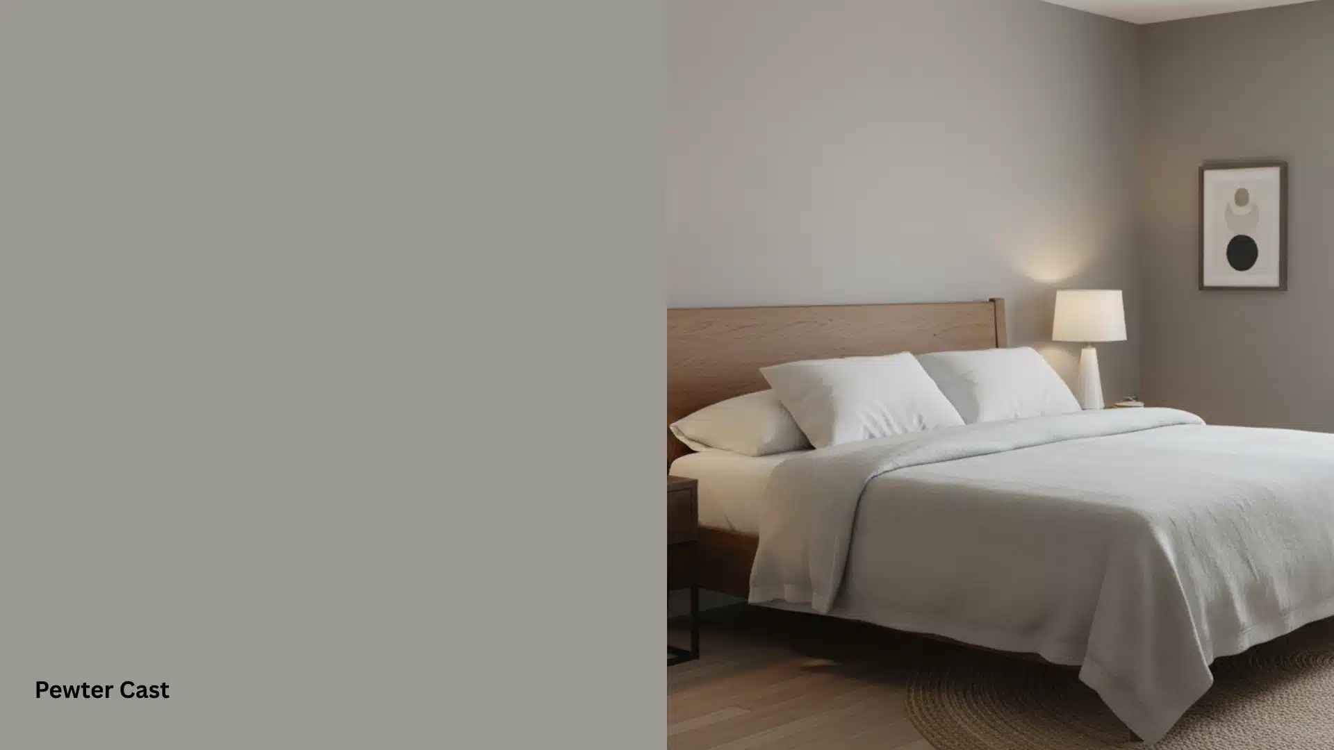 A bedroom showcasing a greige wall labeled Pewter Cast on the left half of the image