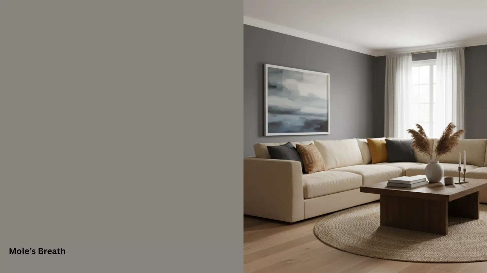 Living room featuring a sectional sofa, coffee table, and a square painting on a wall painted the color Mole’s Breath