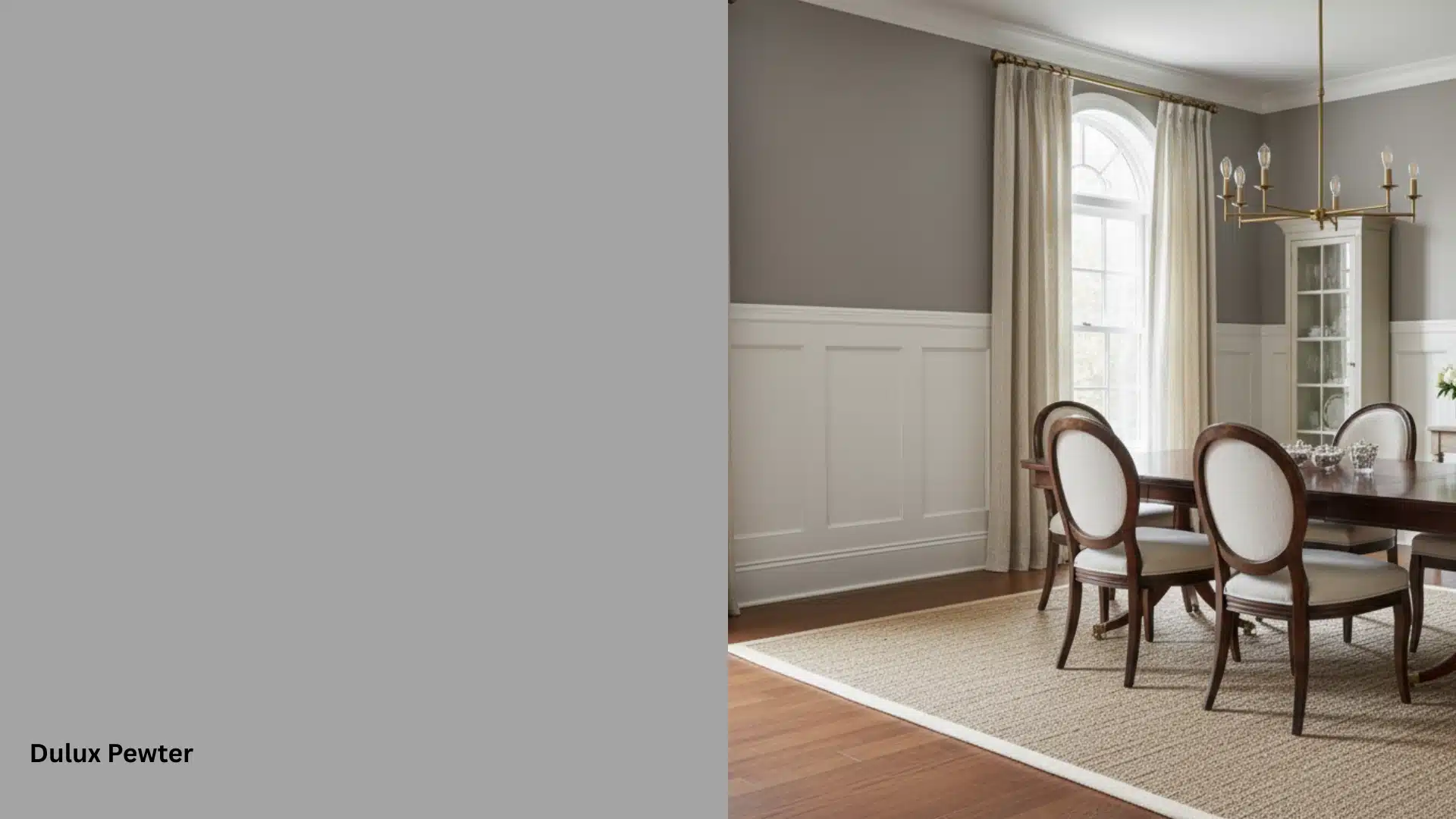 A paint color swatch labeled Dulux Pewter next to a formal dining room image featuring gray walls, dark wood chairs, and an arched window