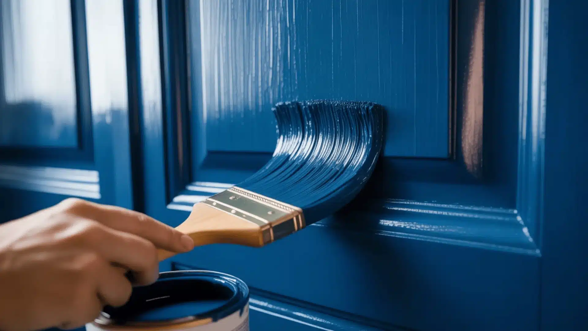 Close-up of brush applying blue paint on door panel with smooth strokes and glossy finish