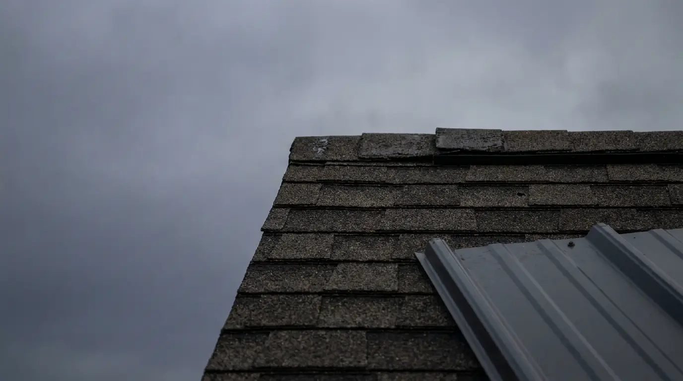 Dark gray asphalt shingle roof against overcast sky, partial metal sheet visible