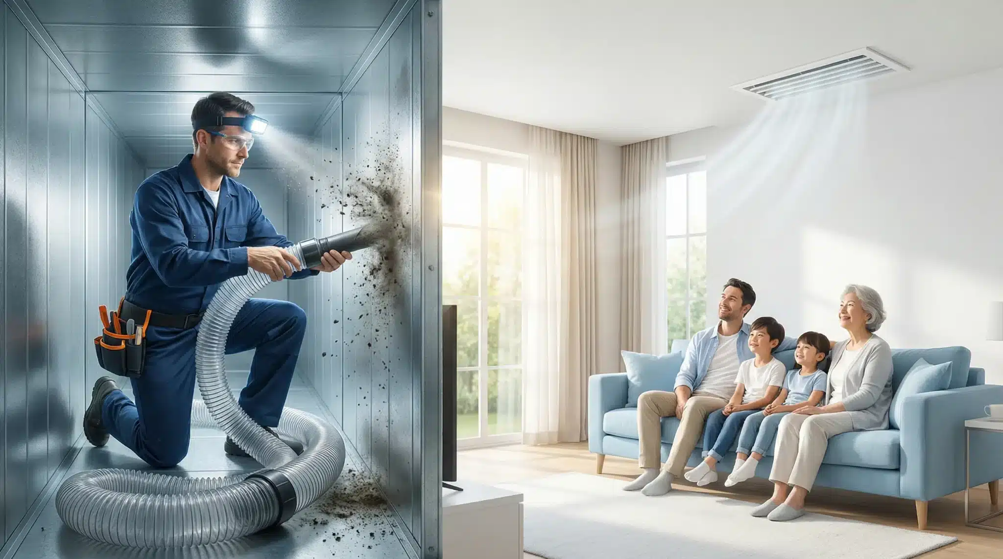 HVAC technician cleaning duct in metal ventilation system as family sits on sofa in bright room