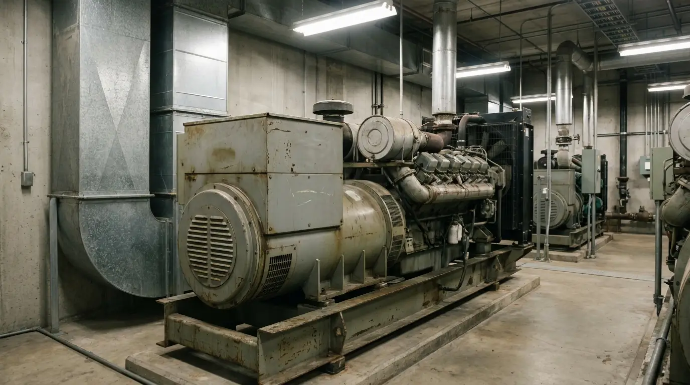 Large industrial generator in a concrete basement setting with metal pipes and ductwork