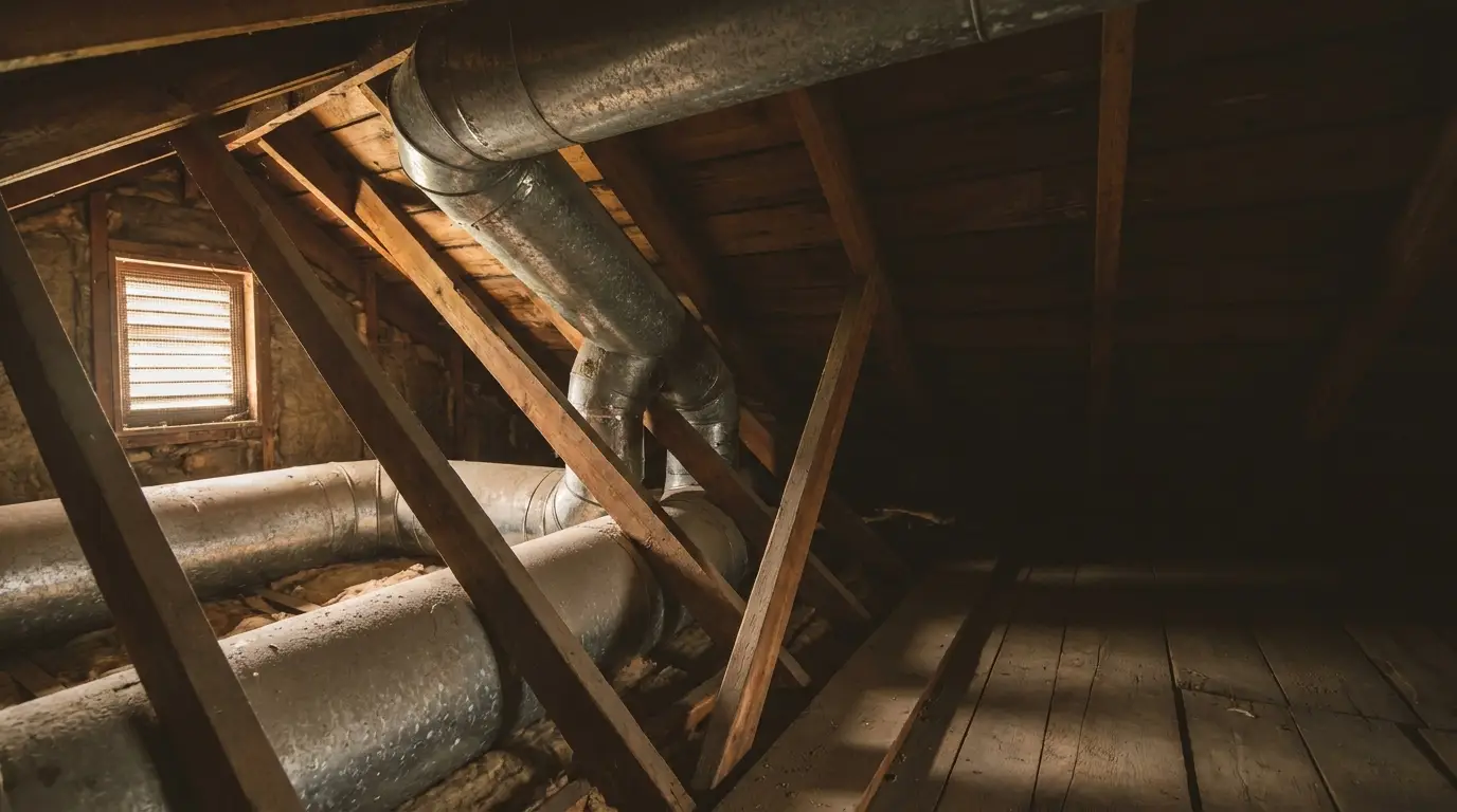 Dark attic space with exposed wooden beams and metal ventilation ducts