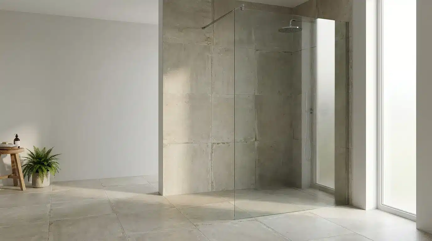Minimalist bathroom with glass shower enclosure and natural light from large window