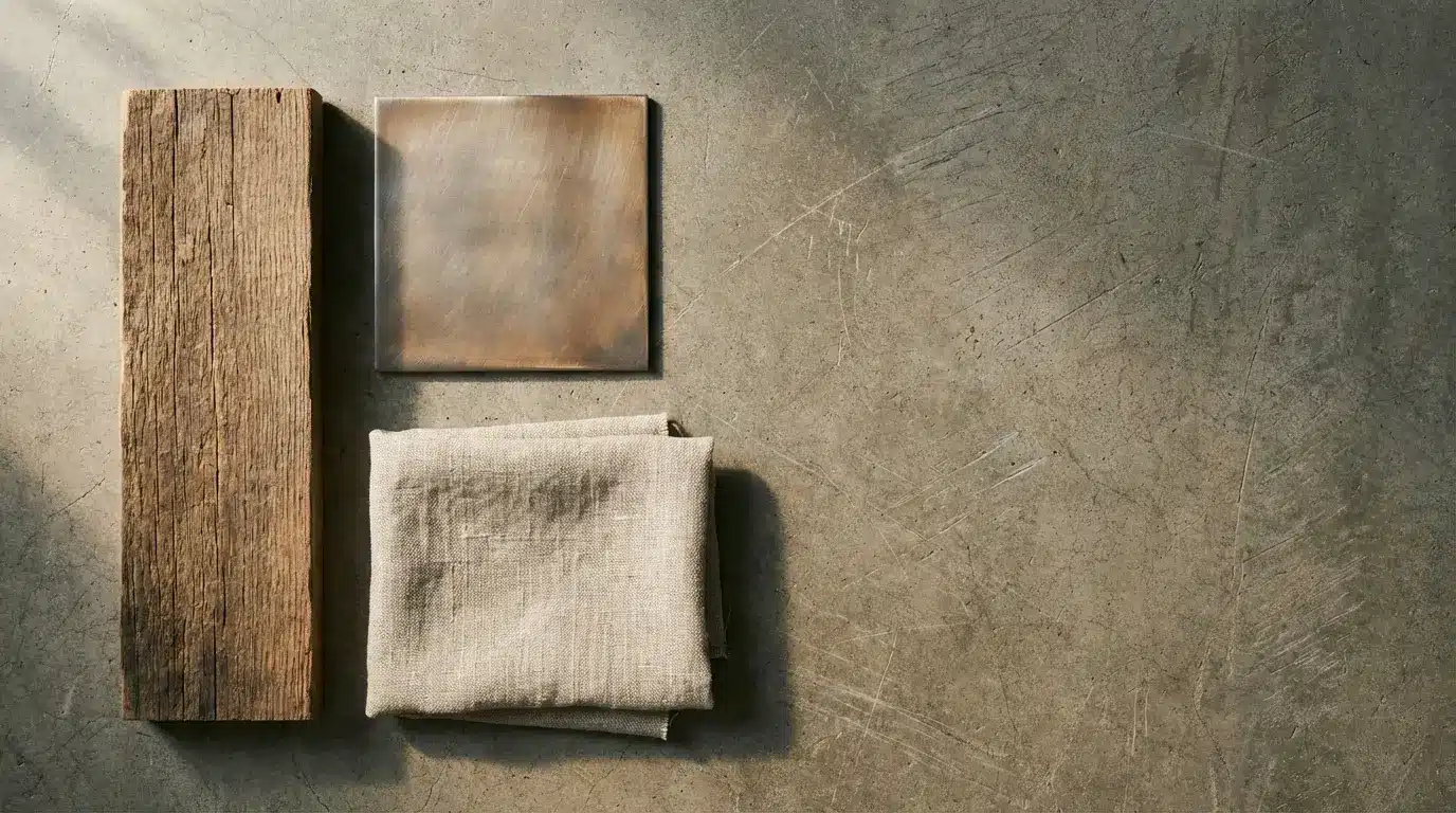 Wooden plank, square metal tile, and folded beige fabric on textured concrete surface