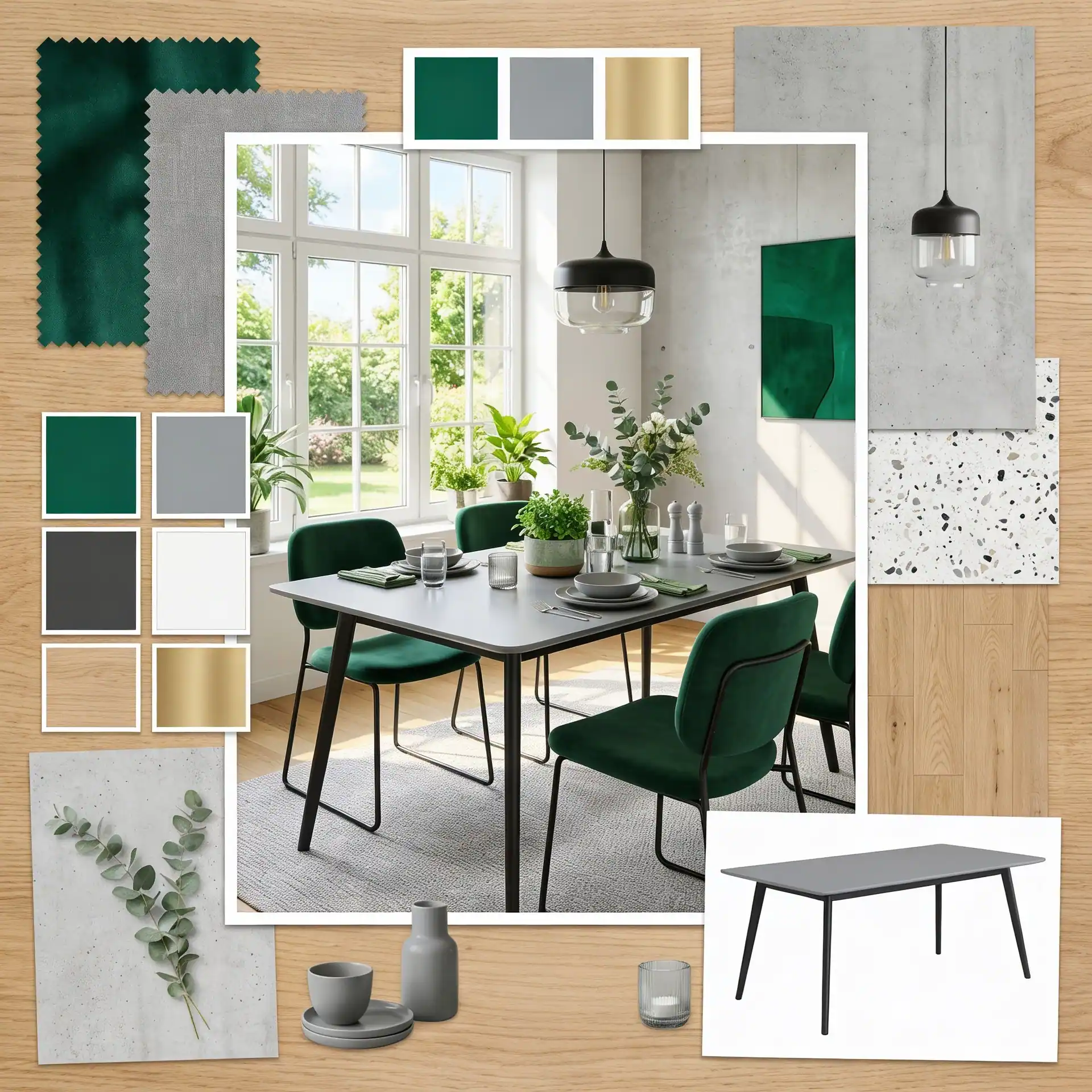 Interior design mood board showcasing emerald green velvet chairs, a gray dining table, concrete textures, wood flooring, and a palette of green, gray, and gold accents