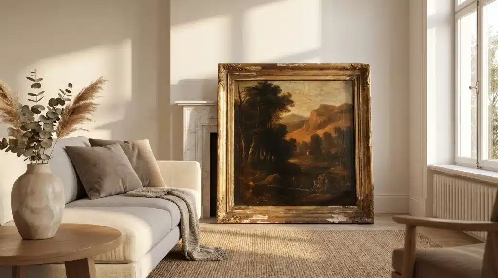 Framed landscape painting leaning against wall in cozy living room with neutral decor and sunlight
