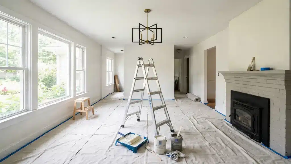 Interior room renovation in progress with drop cloths, a ladder, paint cans, and a newly painted light gray fireplace