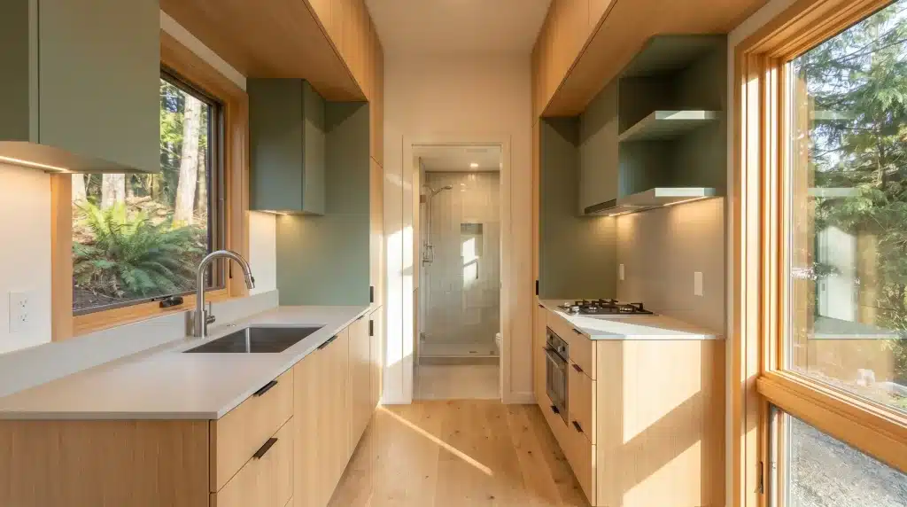 Modern galley kitchen with light wood cabinets, green accents, large windows, and natural light
