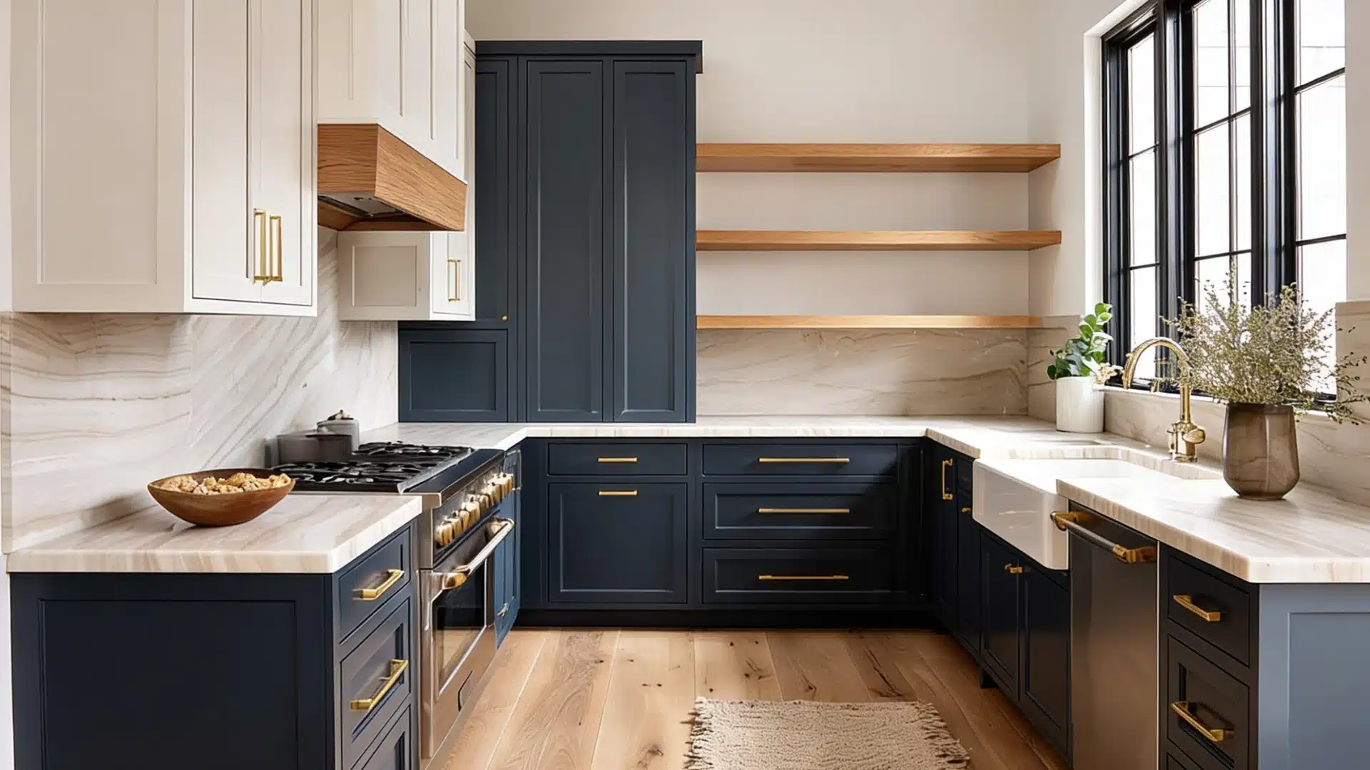 kitchen island and cabinets painted Sherwin Williams Indigo Batik with gold hardware and white waterfall counters