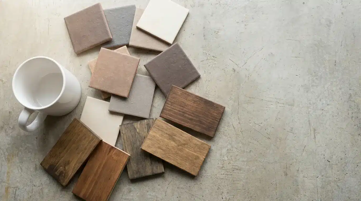 Assorted wooden flooring samples and ceramic tiles next to a white mug on concrete surface