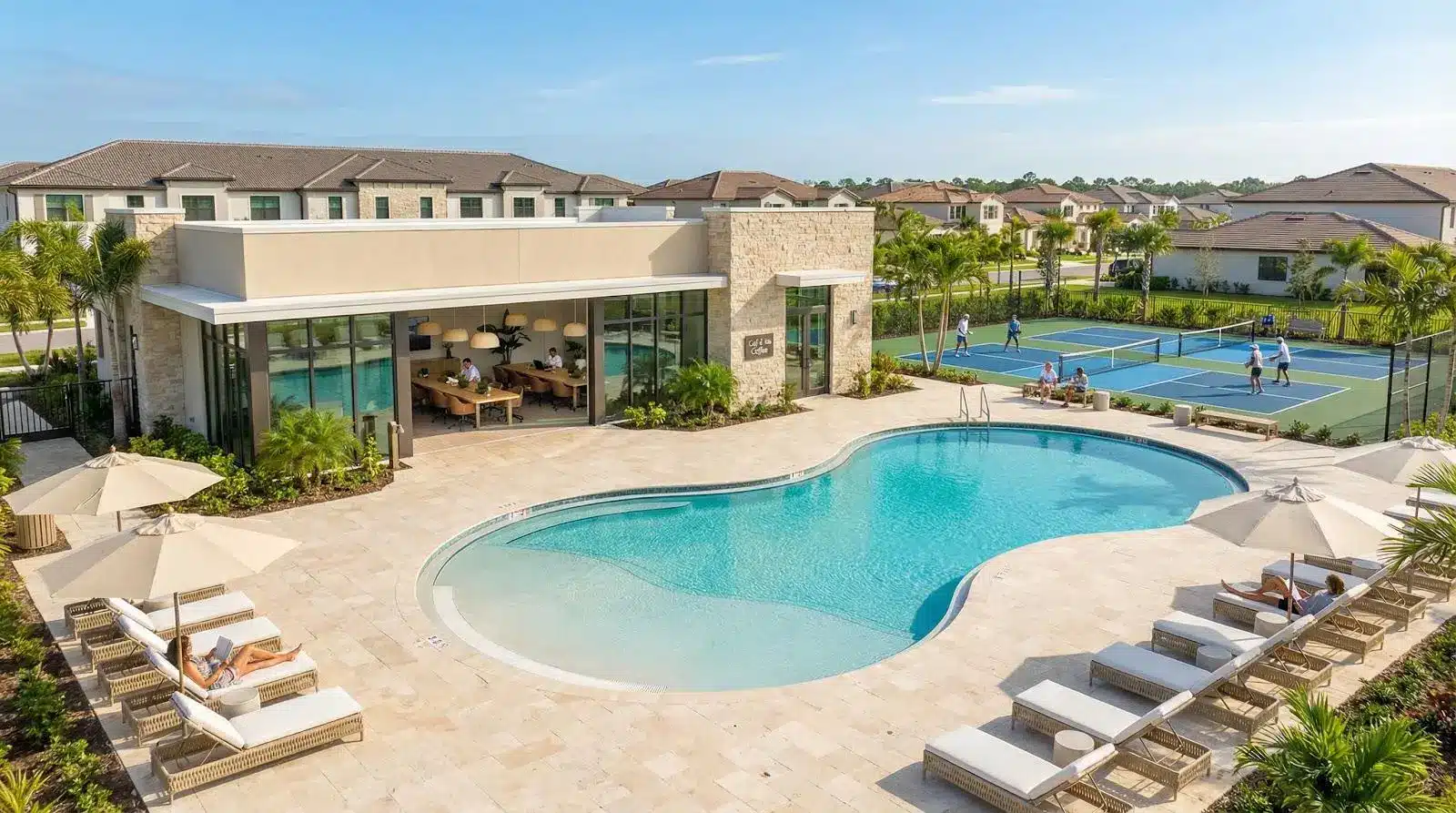 Outdoor pool area with sun loungers, adjacent to café and tennis courts in sunny residential complex