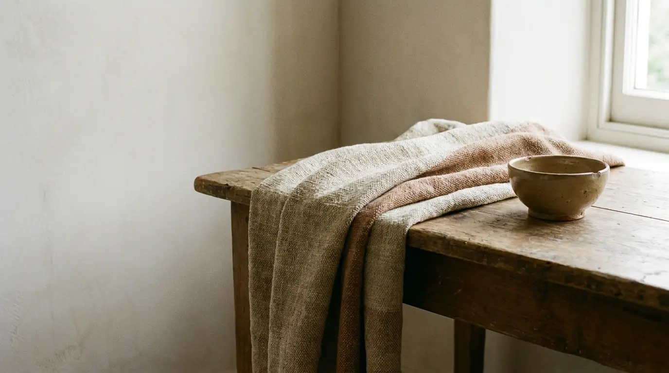 Woven linen throw draped over a rustic wooden table beside a small clay bowl in warm natural light