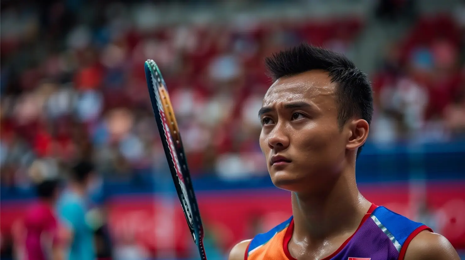 Male badminton player holding racket on indoor court with blurred crowd in background