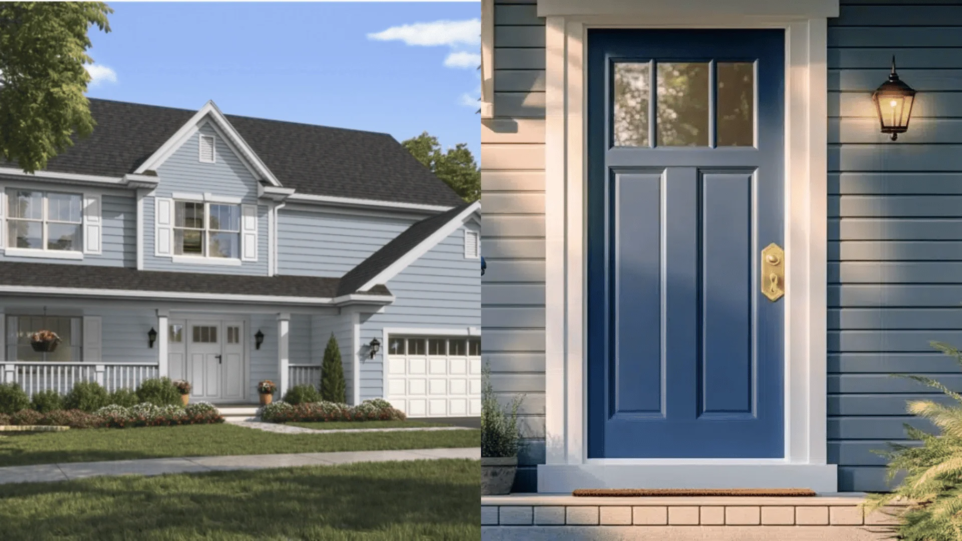 Light blue home exterior with white trim and navy front door, showcasing soft and inviting curb appeal