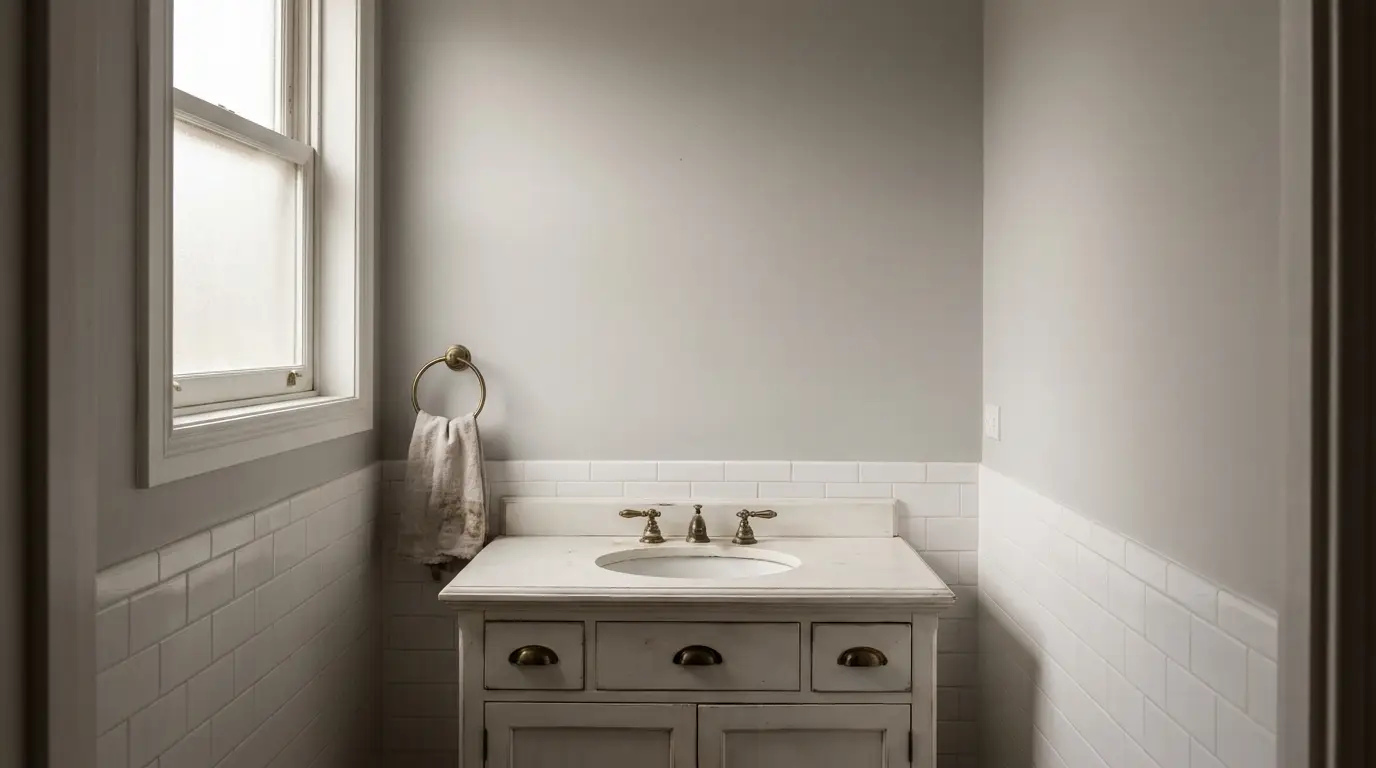 Vintage bathroom with white vanity, brass fixtures, and subway tile walls in soft lighting