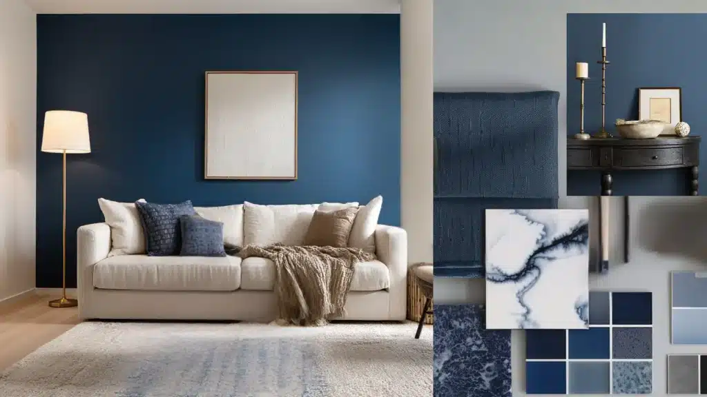 Living room with navy wall and cream sofa near a material mood board featuring Sherwin Williams Indigo Batik color tiles