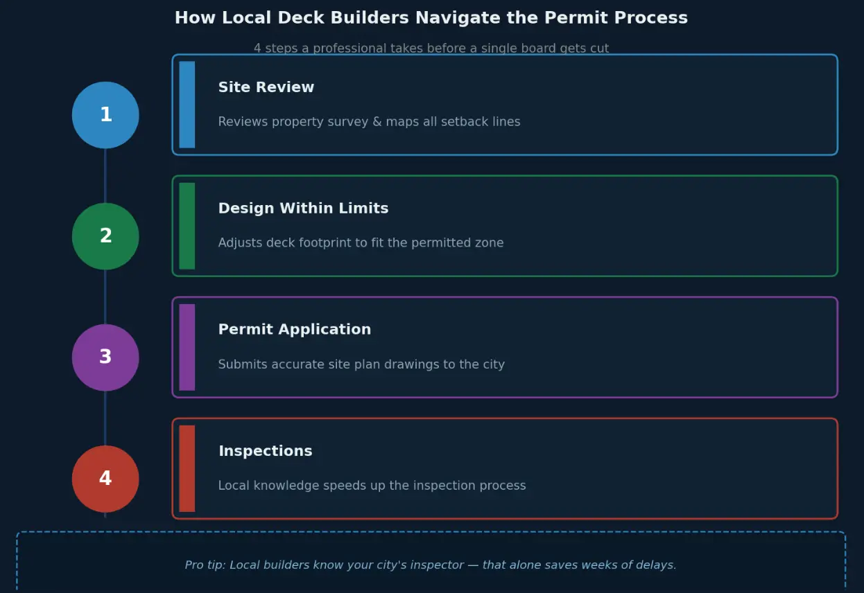 Flowchart illustrating four steps in the deck building permit process with colored sections and bullet points